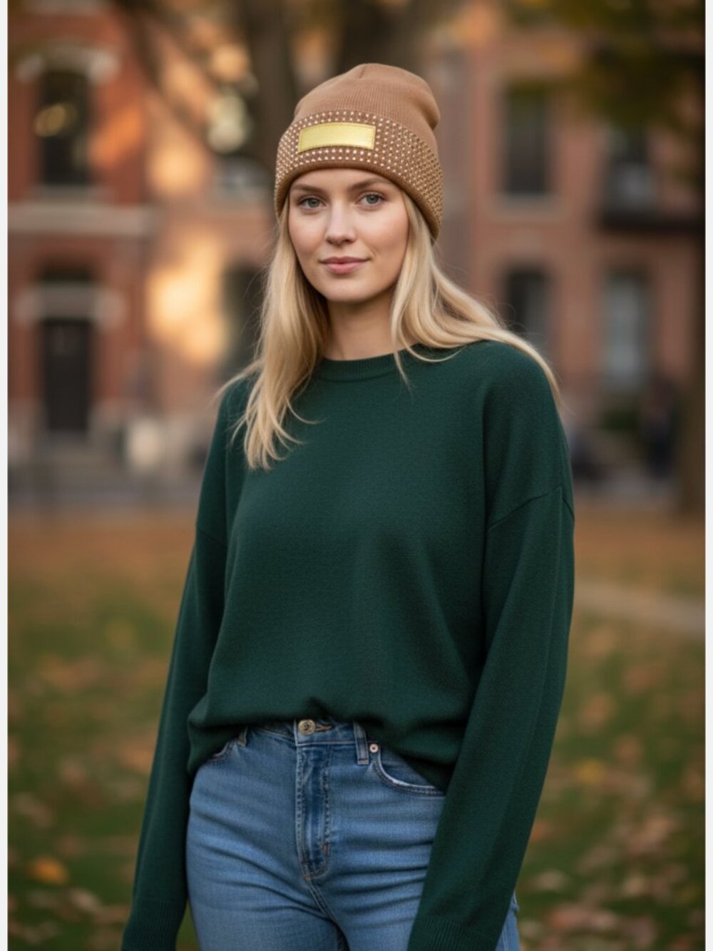 NWT Kurt Geiger London Logo Patch Crystal Cuff Beanie One Size, CAMEL